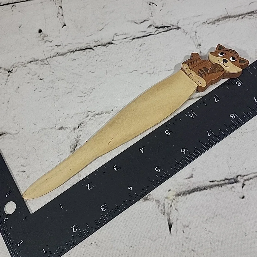 Bobcat Cub Tiger Kitty Wildcat Carved Wooden‎ Letter Opener Handpainted Rustic
